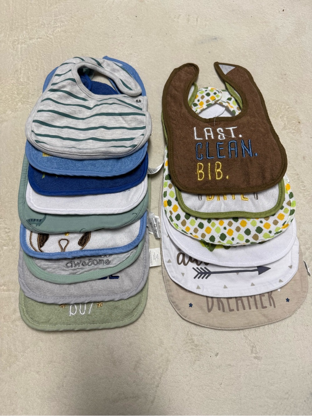 Baby Bib Set - Mixed Blue, Green, Brown & White Toddler Bibs